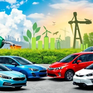 Contrasting gas-powered cars with electric vehicles surrounded by environmental symbols.