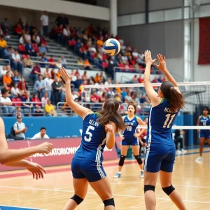Hawaii Rainbow Warriors playing volleyball in a championship match