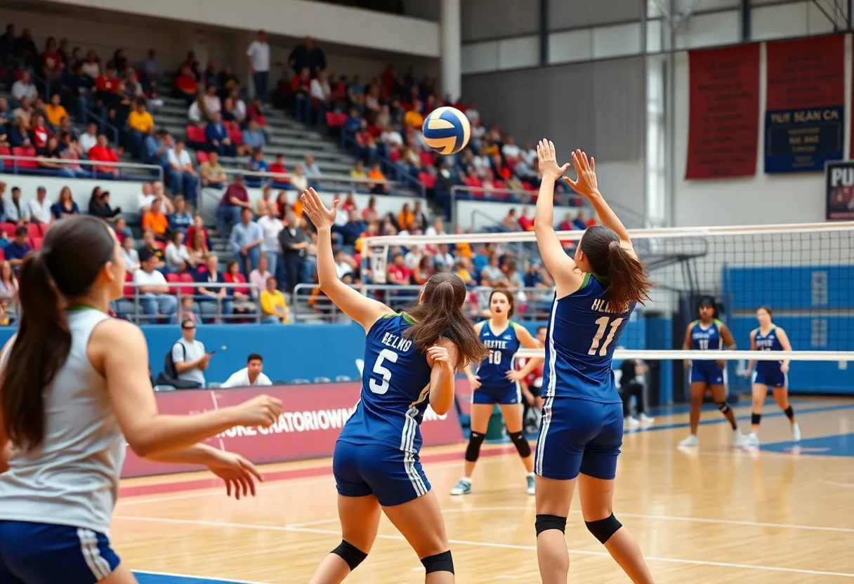 Hawaii Rainbow Warriors playing volleyball in a championship match