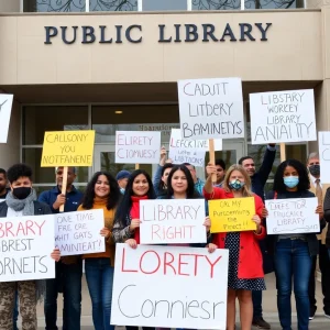 Community members advocating for library rights in Huntington Beach
