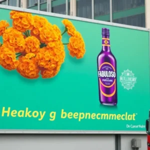 Colorful billboard artwork with marigolds and Fabuloso bottle honoring immigrant mothers