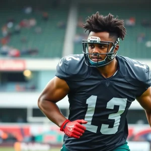 Football player training hard on the field