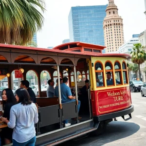 Participants enjoying food in a historic trolley in Los Angeles