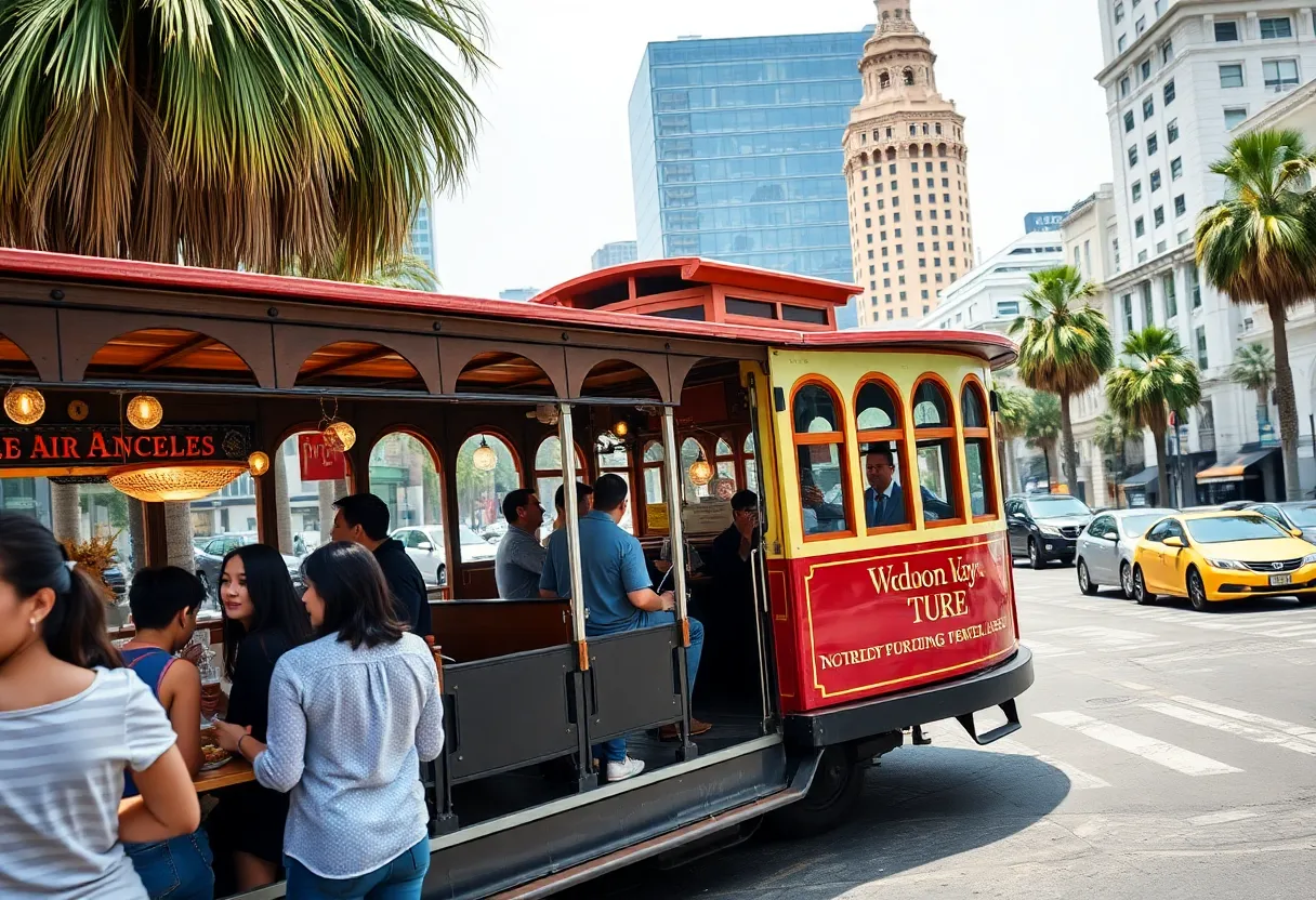 Participants enjoying food in a historic trolley in Los Angeles