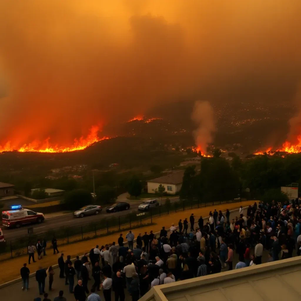 Aerial image of a wildfire engulfing parts of Los Angeles County with emergency responders in action.