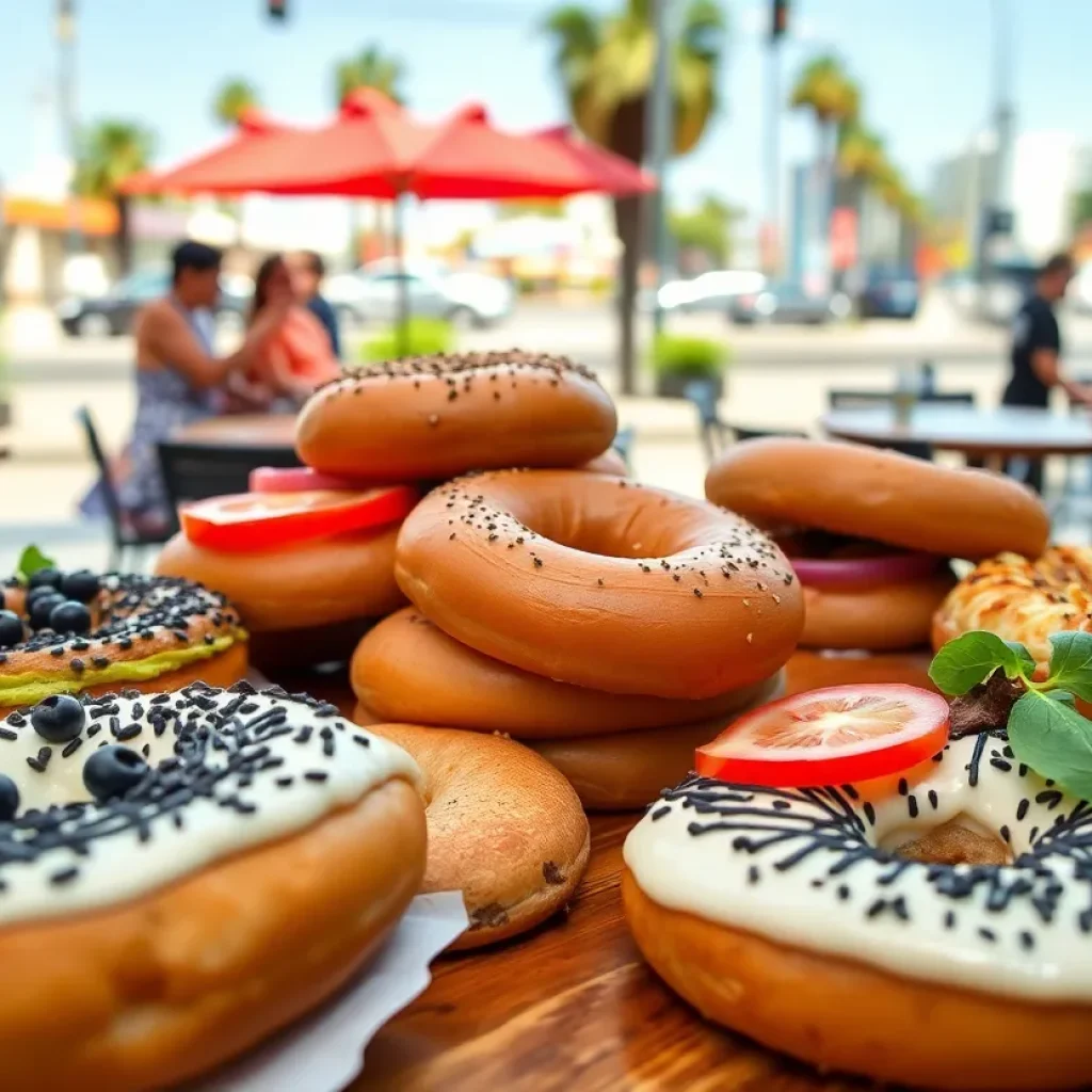 A variety of colorful bagels with different toppings on a café table.