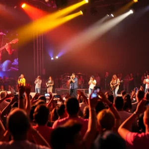 A lively concert in Los Angeles with a diverse audience enjoying the performance.