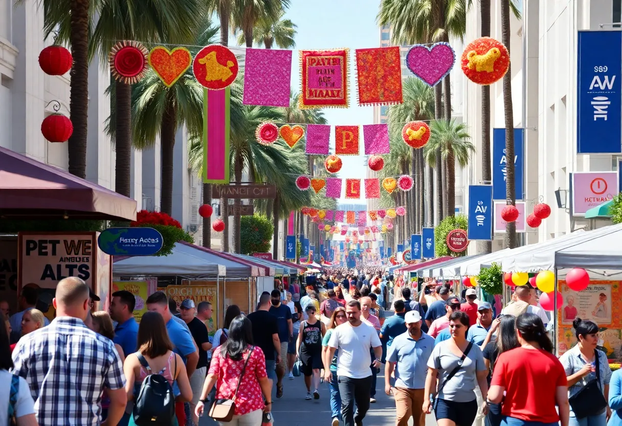 People enjoying various events in Los Angeles including pet adoption and art shows.
