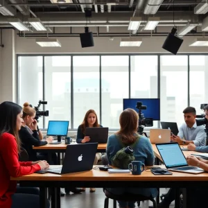Interns working together in a busy newsroom environment