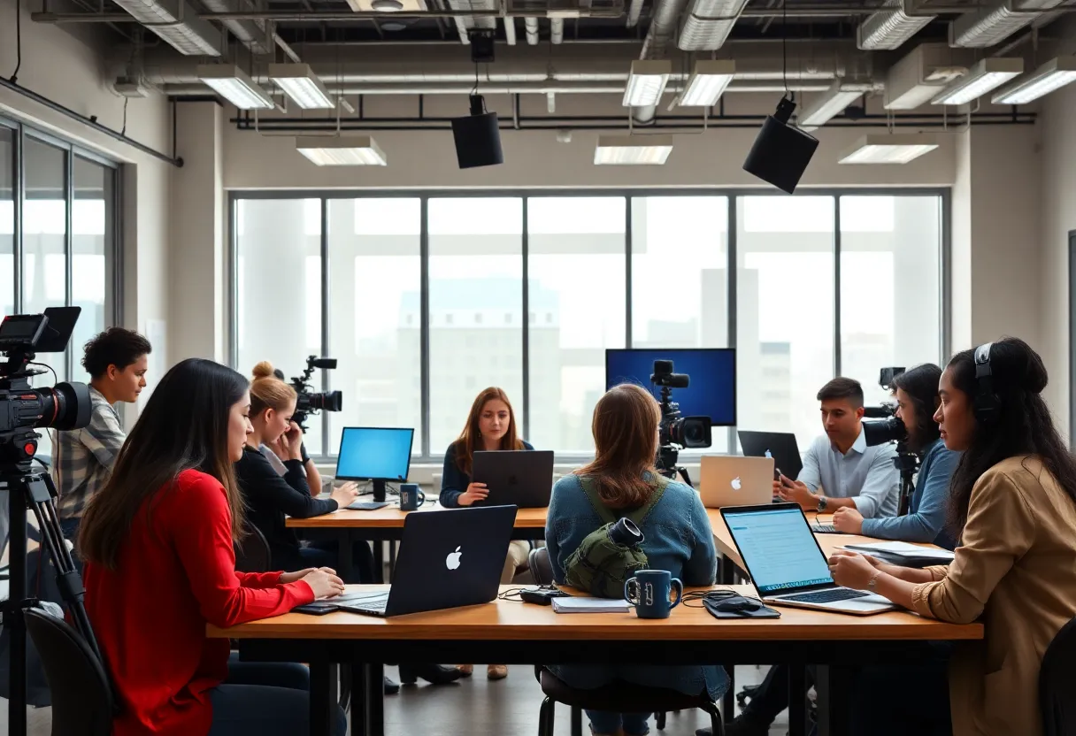 Interns working together in a busy newsroom environment