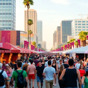 A lively cityscape of Los Angeles during the summer showcasing various events.