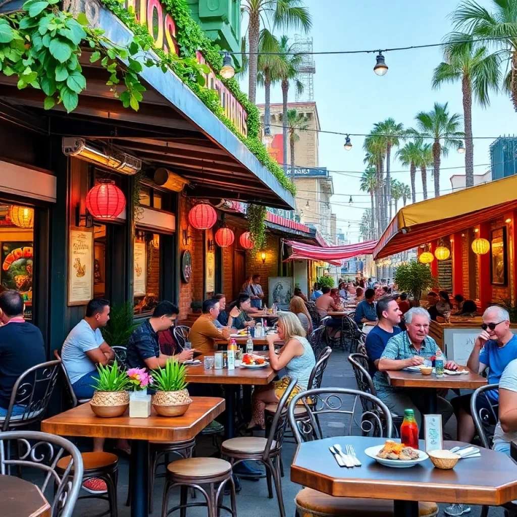 A lively outdoor dining scene in Los Angeles with diverse cuisines.