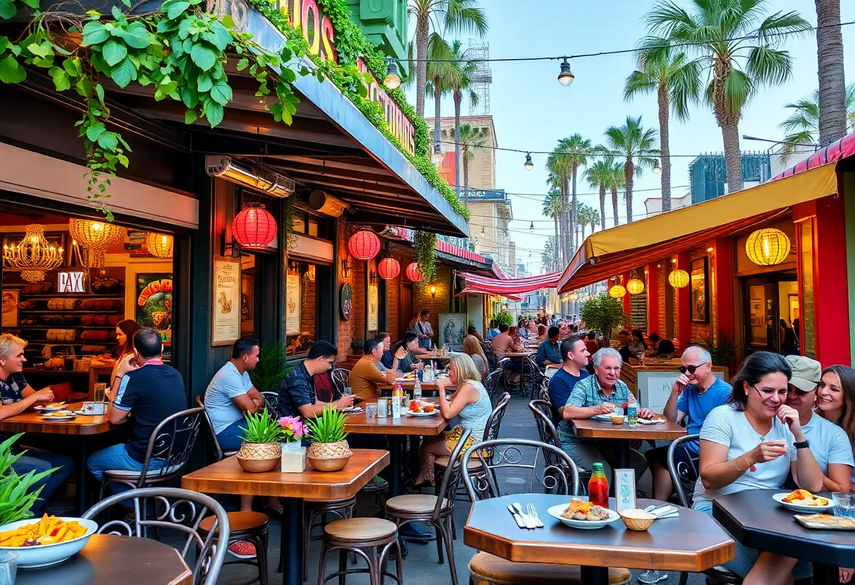 A lively outdoor dining scene in Los Angeles with diverse cuisines.