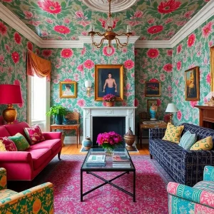 Vibrant interior of a maximalist home showcasing eclectic decor and bold colors.