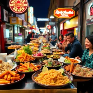 Diverse culinary delights from Michelin Guide restaurants in Los Angeles on a vibrant street setting.