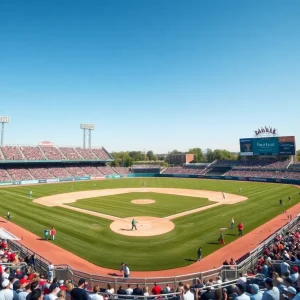 NCAA baseball championship field with players and fans