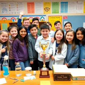 North Hollywood High School team with trophy at National Science Bowl