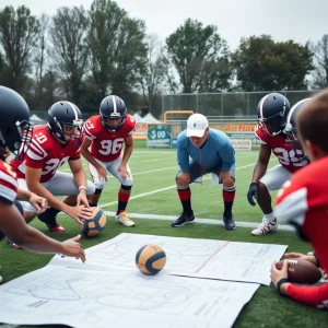 Oklahoma football team strategizing on the field