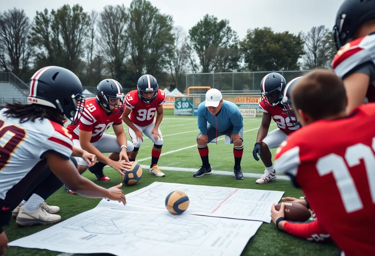 Oklahoma football team strategizing on the field