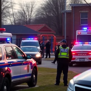 Police cars responding to a domestic violence incident near a school