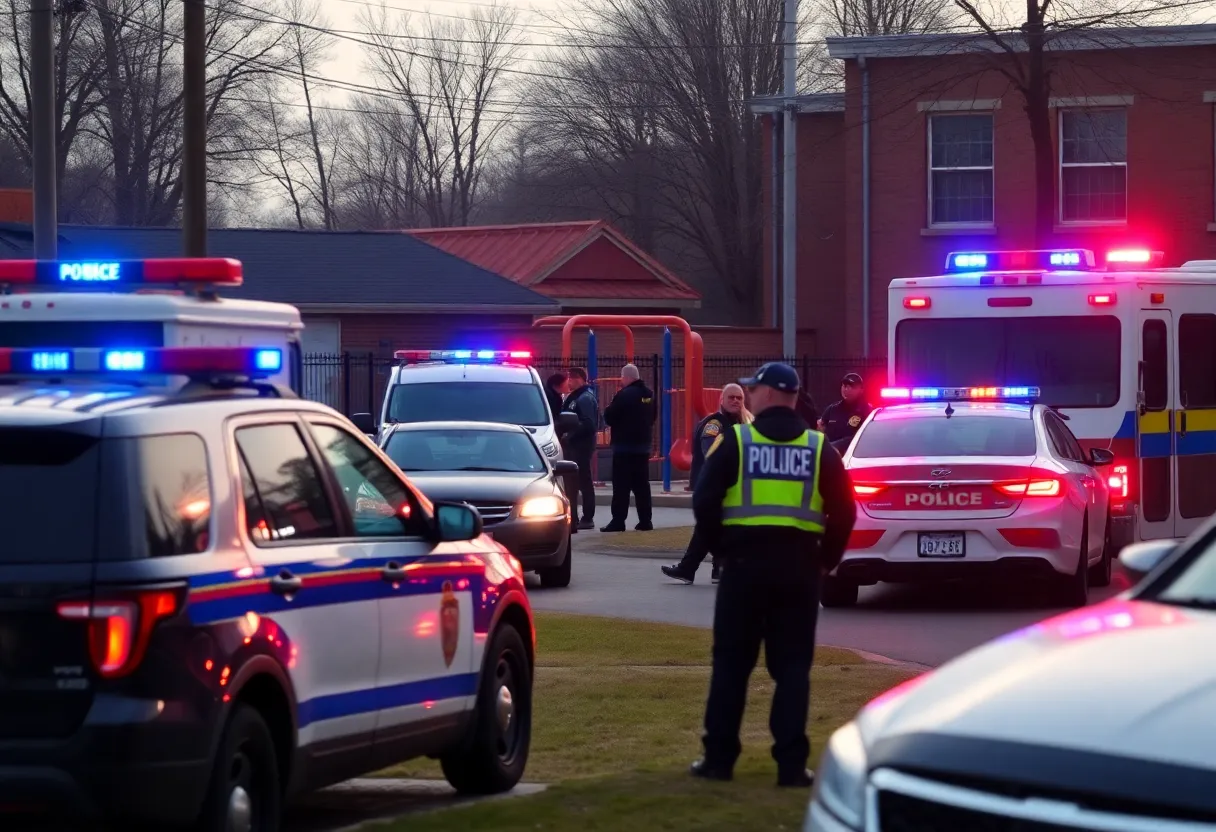 Police cars responding to a domestic violence incident near a school