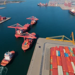 Port of Los Angeles with cargo ships and containers affected by tariffs