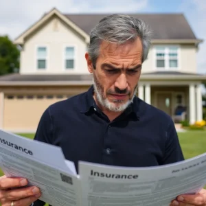 Homeowner reviewing insurance documents with a worried expression
