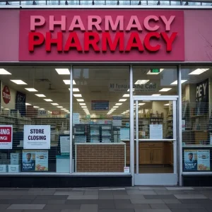 Closed Rite Aid pharmacy storefront with a sign