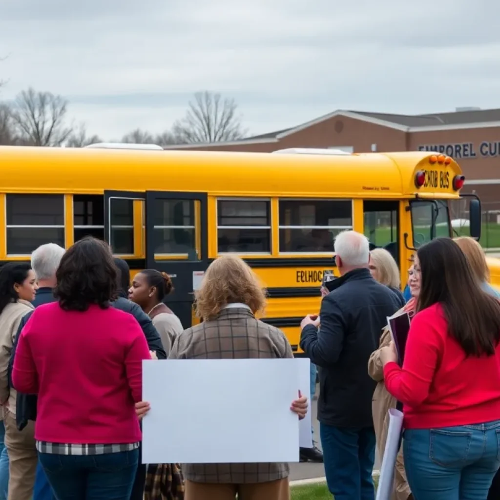 Community members rallying around a school bus.