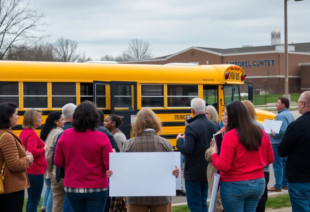 Community members rallying around a school bus.