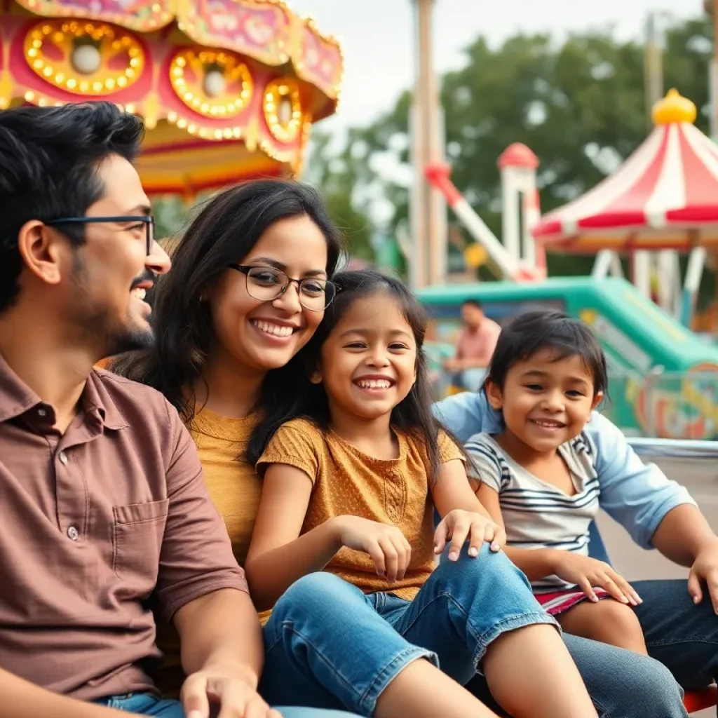 Families enjoying rides at Six Flags amusement park during summer.