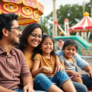 Families enjoying rides at Six Flags amusement park during summer.
