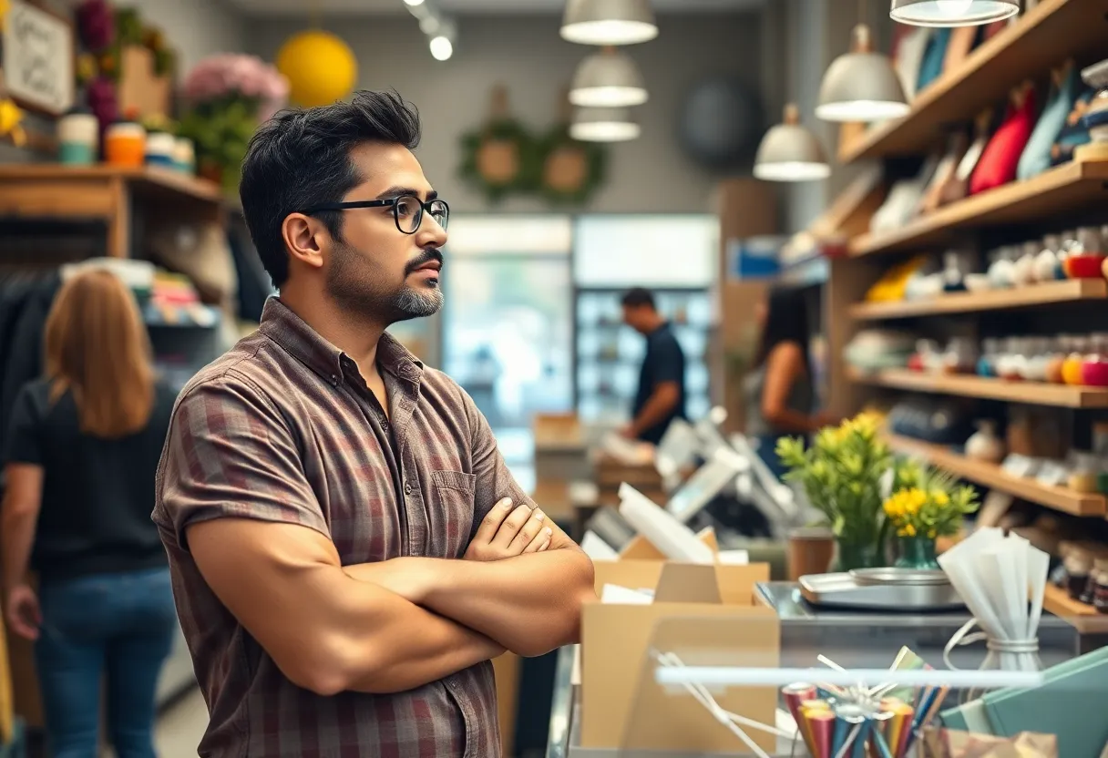 Small business owner analyzing shop performance