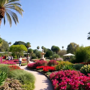 Visitors enjoying a stroll in a vibrant Southern California botanical garden.