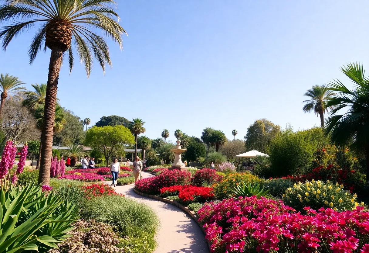 Visitors enjoying a stroll in a vibrant Southern California botanical garden.