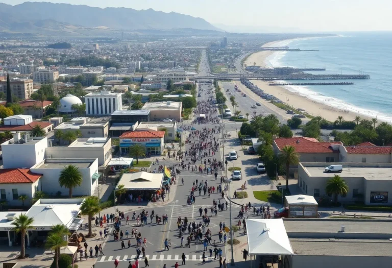 A scenic view of Southern California featuring urban and coastal elements.