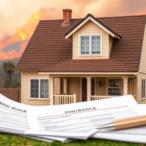 Illustration of a house with insurance paperwork and indicates rising costs.