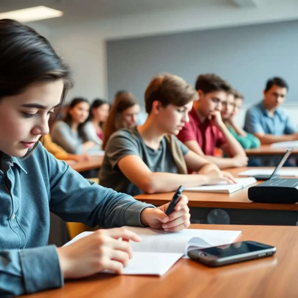 Students in a classroom focusing on their work without cellphones