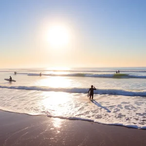 Surfers riding waves in Los Angeles beach