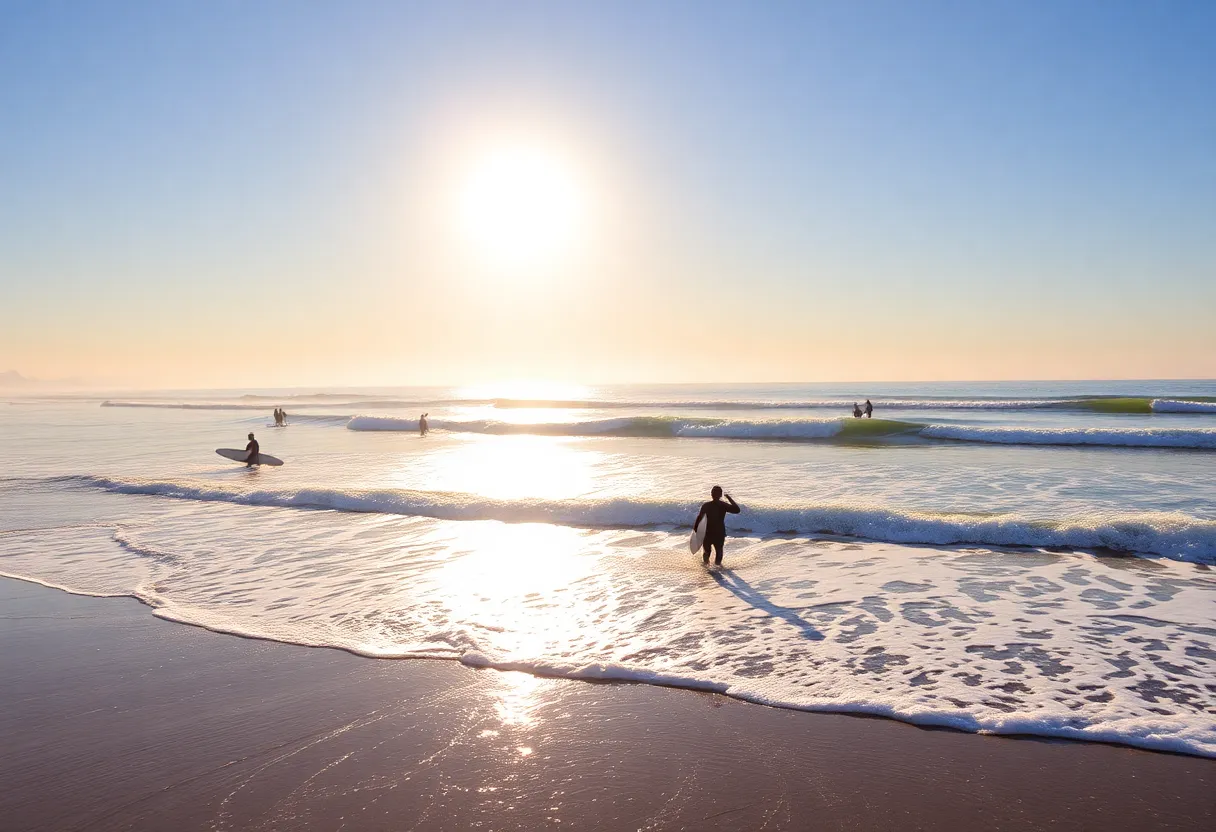 Surfers riding waves in Los Angeles beach