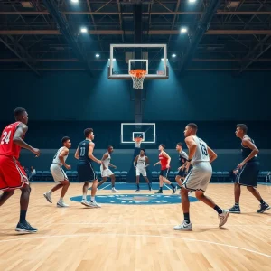 Team of basketball players demonstrating teamwork on court