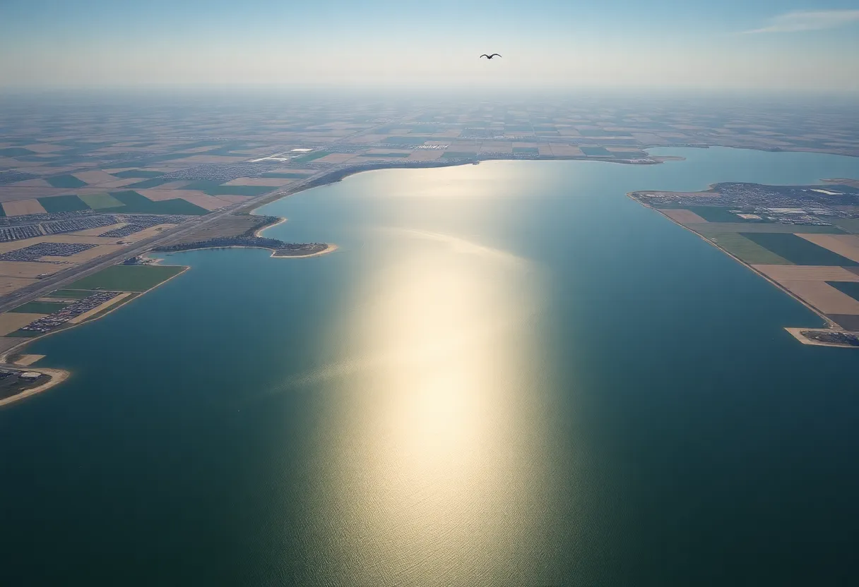 Aerial view of Tulare Lake in California, showcasing water and farmland.
