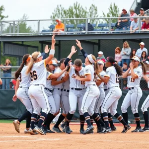 UCLA softball team celebrates their victory in the Columbia Super Regional.
