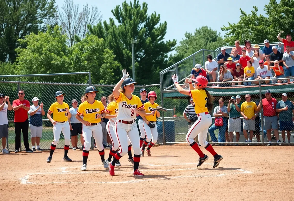 UCLA softball team celebrating after scoring a home run during a game.