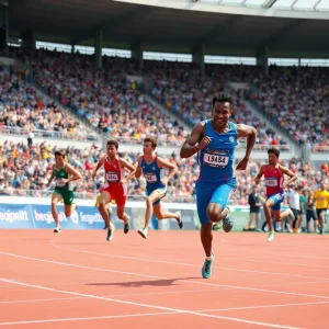 UCLA track and field athletes celebrating victory during a competition.
