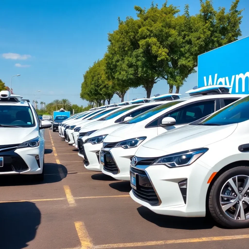 Fleet of Waymo autonomous vehicles parked at a facility