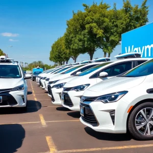 Fleet of Waymo autonomous vehicles parked at a facility