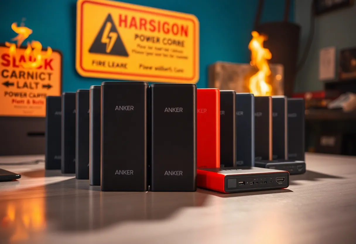 Anker PowerCore 10000 power banks with a fire hazard warning sign