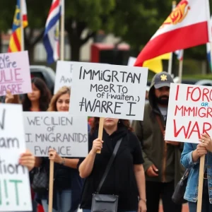 Demonstrators protesting immigration enforcement at a car wash in Bell, CA