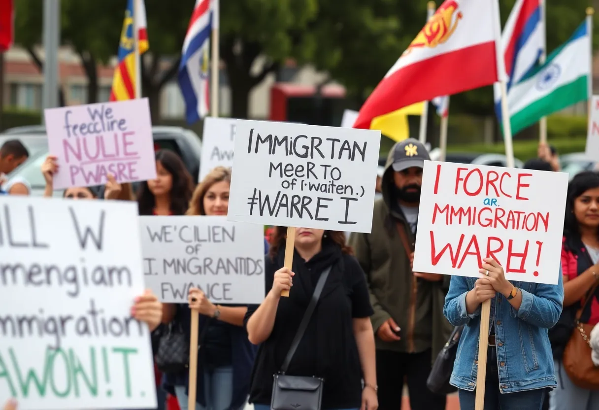 Demonstrators protesting immigration enforcement at a car wash in Bell, CA